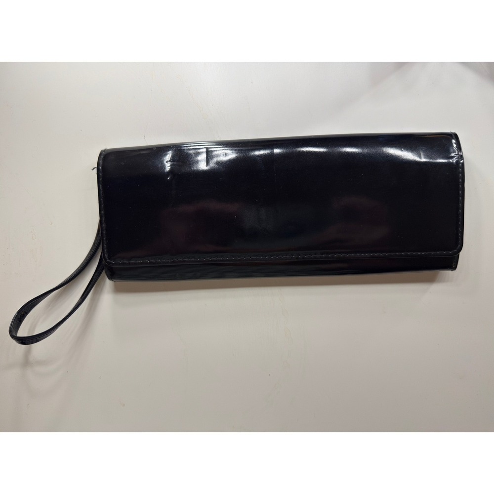 Nordstrom Black Patent Leather Wristlet Clutch Bag Bronze Satin Zip Pocket